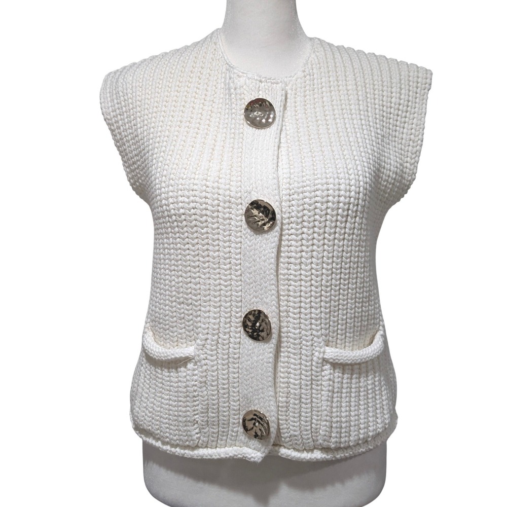 Jason Wu Ivory Shaker Knit Sweater Vest Hammered Gold Buttons Small NWT
